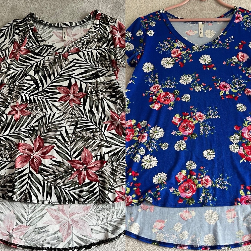 Cool Melon Lot Of 2 Yoke Tunic Top Tropical Floral Hi‎ Low Stretch Small Medium